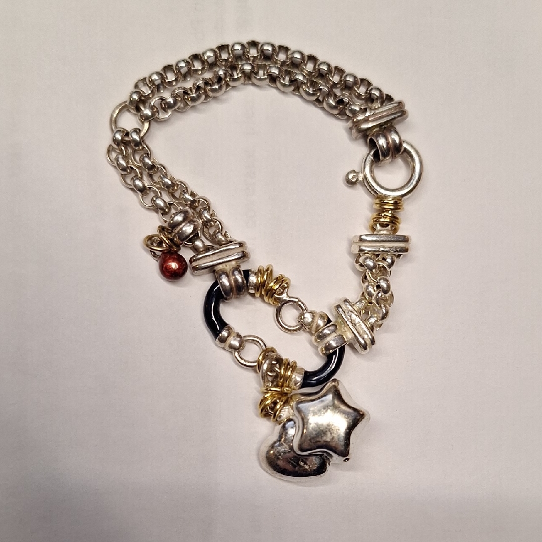 Vintage Sas Two-Tone Double Chain Silver Charm Bracelet With Star And Heart